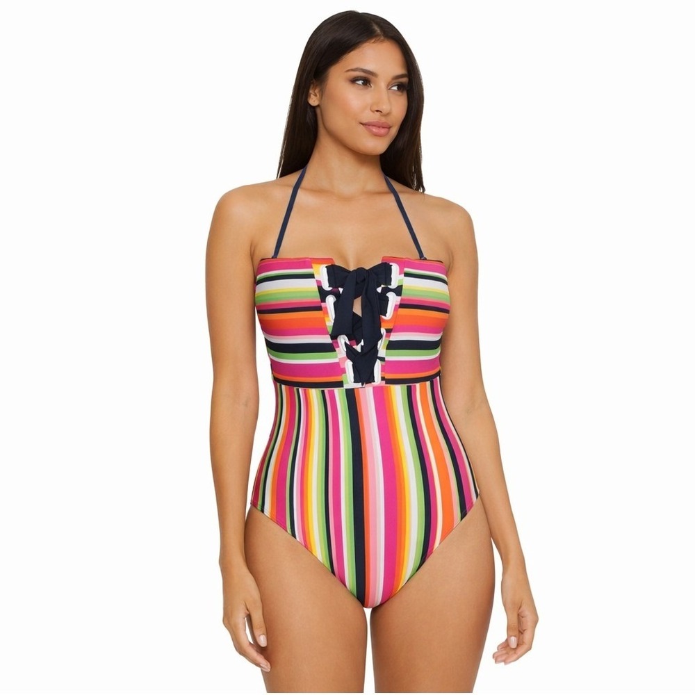 Trina Turk Bandeau One-Piece Swimsuit Splash Stripe Multicolor Lace-Up NWT 12